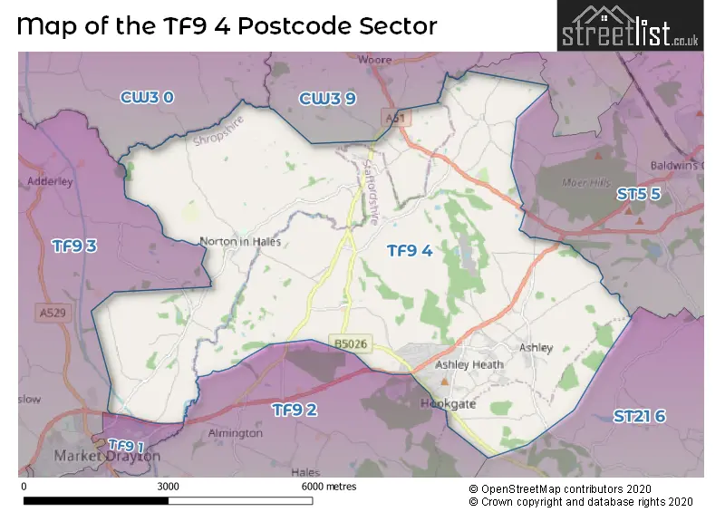 Map of the TF9 4 and surrounding postcode sector