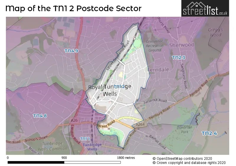 Map of the TN1 2 and surrounding postcode sector