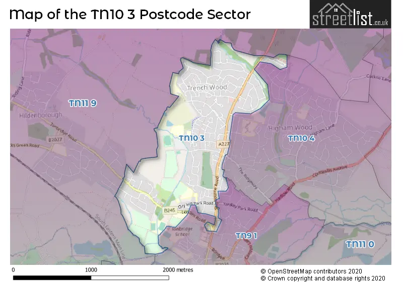 Map of the TN10 3 and surrounding postcode sector