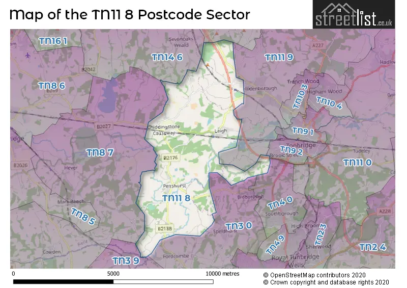 Map of the TN11 8 and surrounding postcode sector