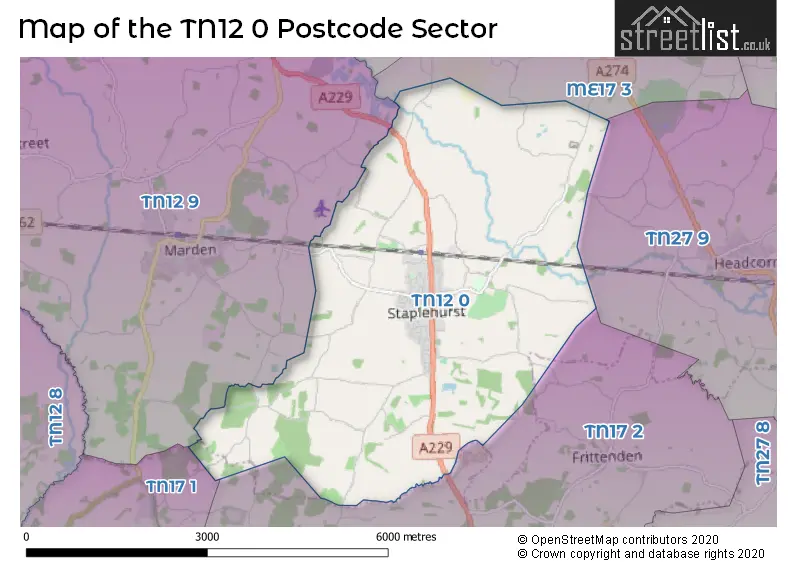 Map of the TN12 0 and surrounding postcode sector