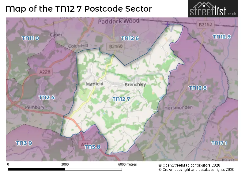 Map of the TN12 7 and surrounding postcode sector