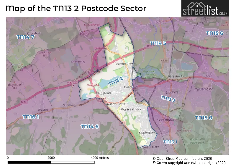 Map of the TN13 2 and surrounding postcode sector