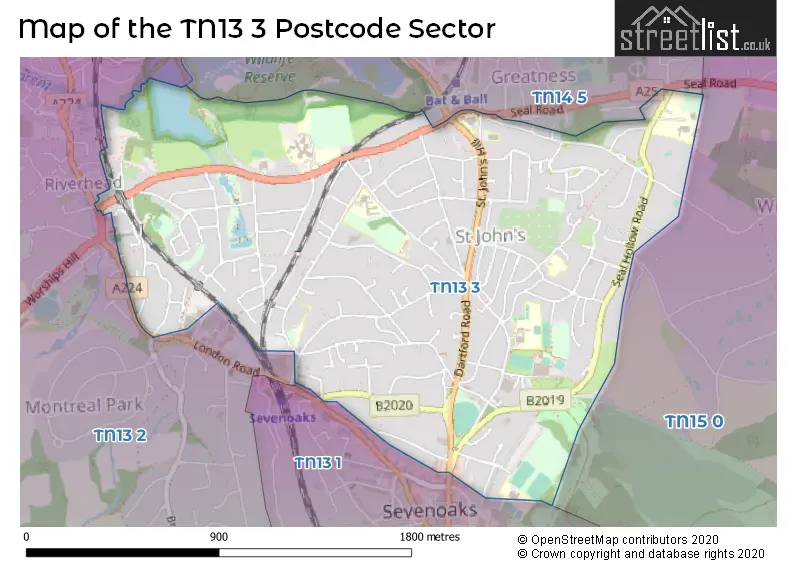 Map of the TN13 3 and surrounding postcode sector