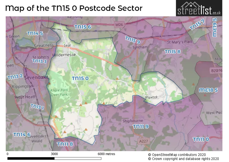 Map of the TN15 0 and surrounding postcode sector