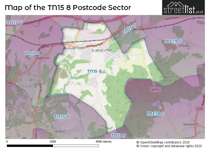 Map of the TN15 8 and surrounding postcode sector