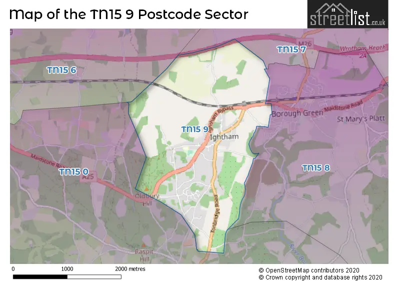 Map of the TN15 9 and surrounding postcode sector