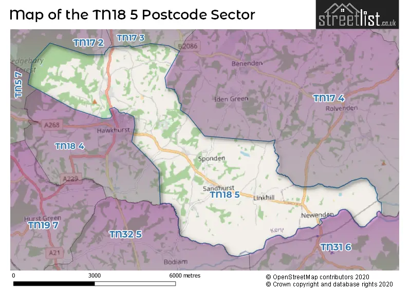 Map of the TN18 5 and surrounding postcode sector