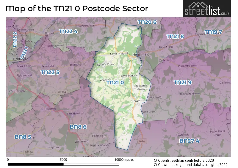 Map of the TN21 0 and surrounding postcode sector