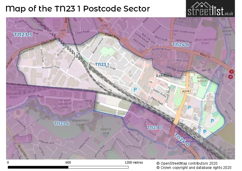 Map of the TN23 1 and surrounding postcode sector