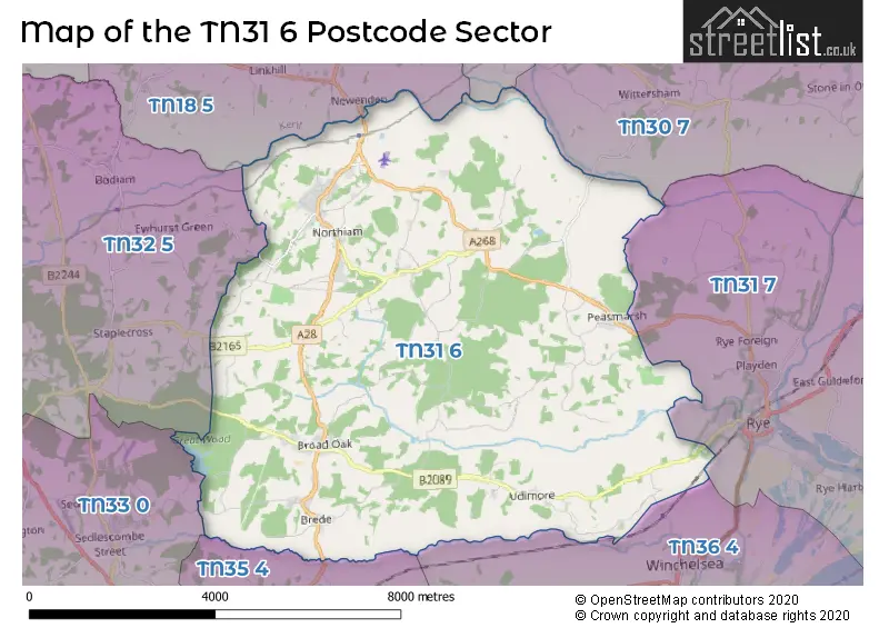 Map of the TN31 6 and surrounding postcode sector