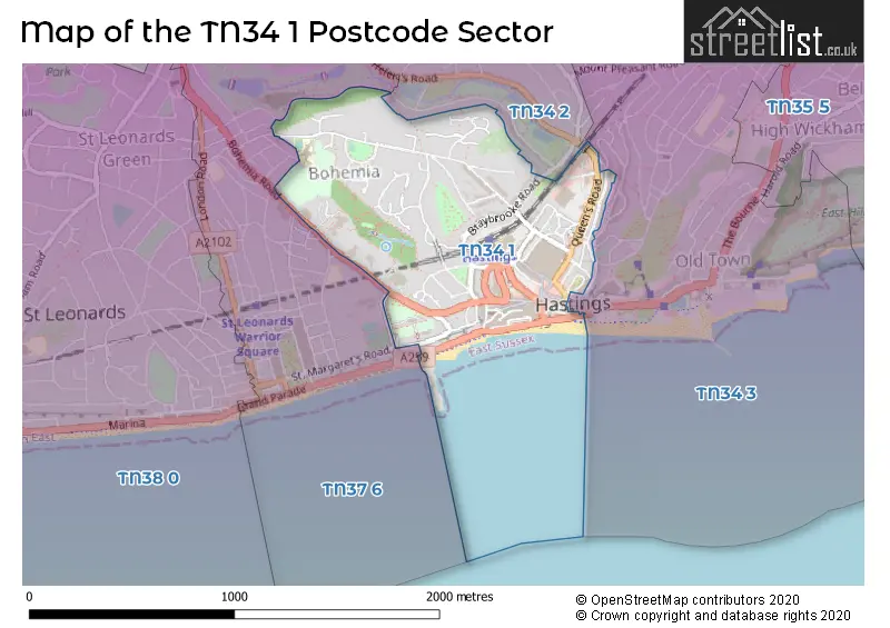 Map of the TN34 1 and surrounding postcode sector