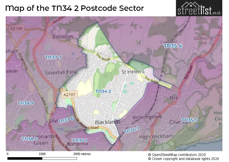 Map of the TN34 2 and surrounding postcode sector