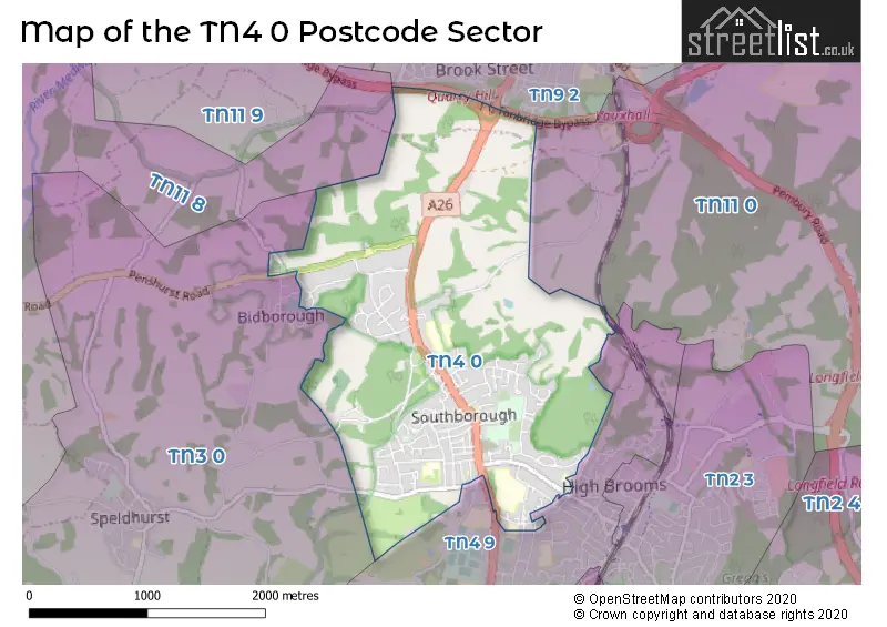 Map of the TN4 0 and surrounding postcode sector