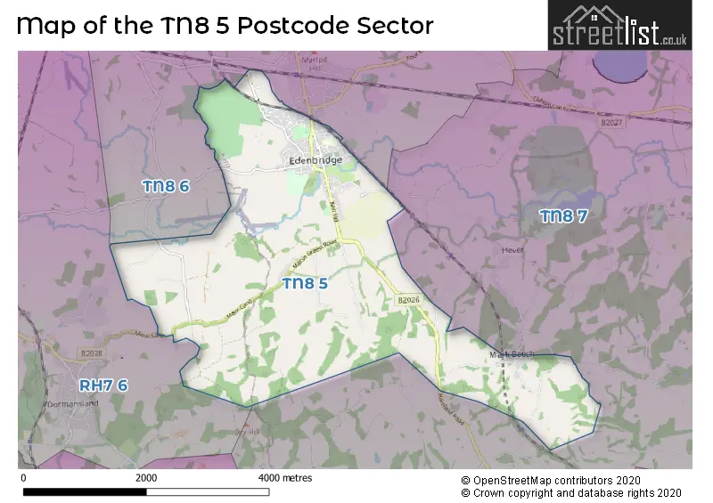 Map of the TN8 5 and surrounding postcode sector