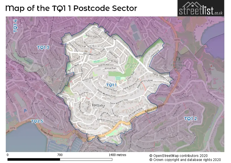 Map of the TQ1 1 and surrounding postcode sector