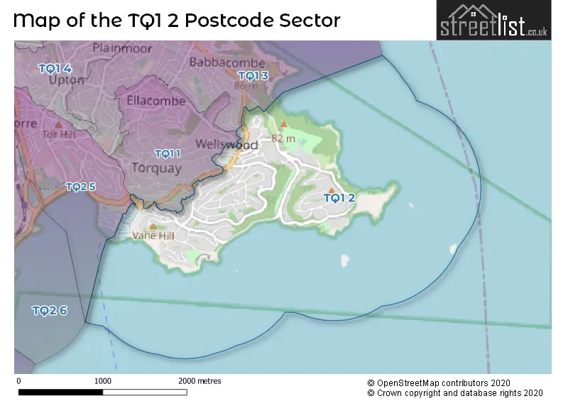 Map of the TQ1 2 and surrounding postcode sector