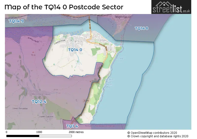 Map of the TQ14 0 and surrounding postcode sector