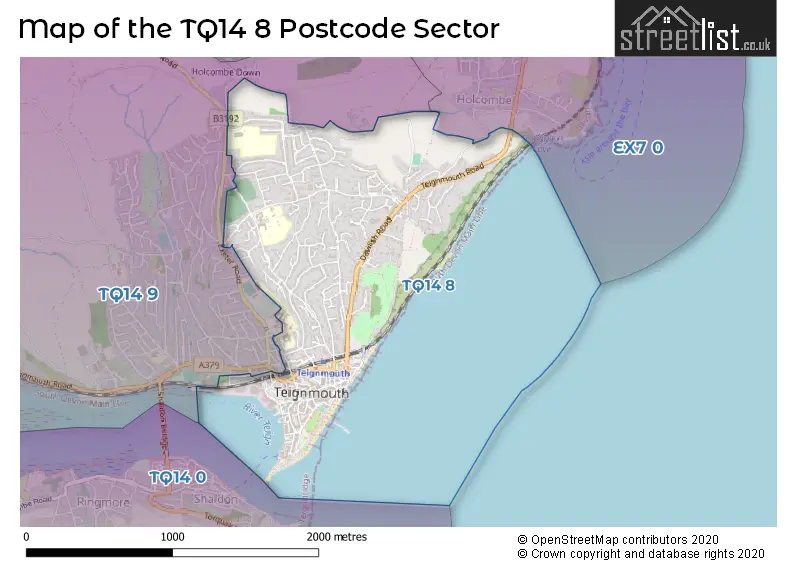 Map of the TQ14 8 and surrounding postcode sector