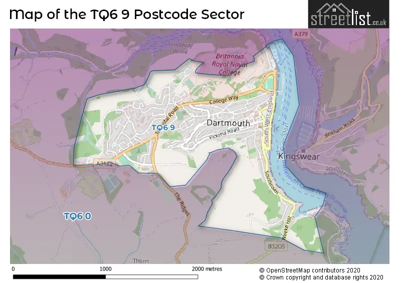 Map of the TQ6 9 and surrounding postcode sector