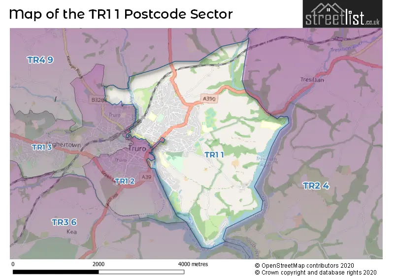 Map of the TR1 1 and surrounding postcode sector