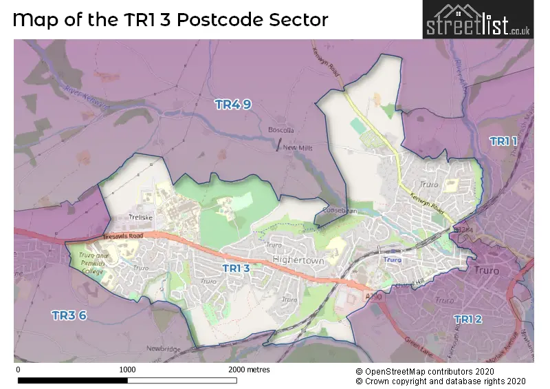 Map of the TR1 3 and surrounding postcode sector