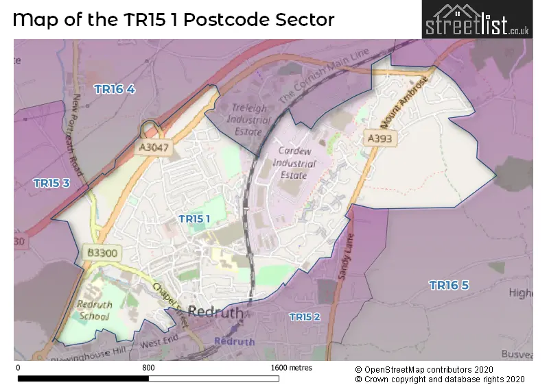 Map of the TR15 1 and surrounding postcode sector