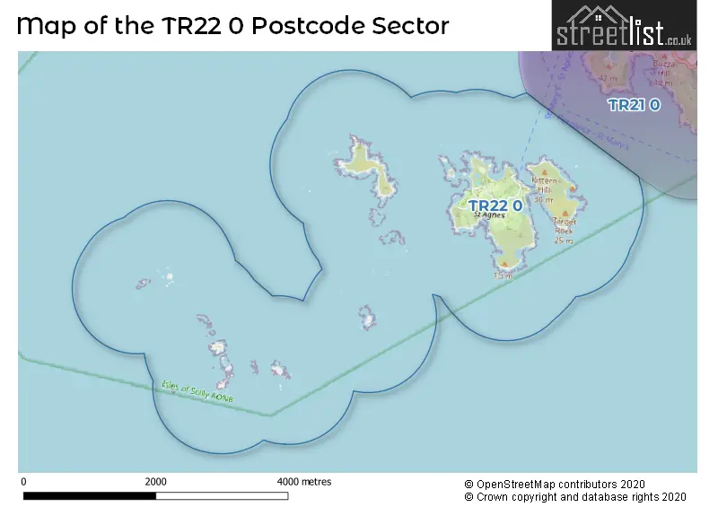 Map of the TR22 0 and surrounding postcode sector