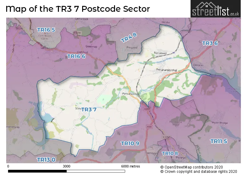 Map of the TR3 7 and surrounding postcode sector