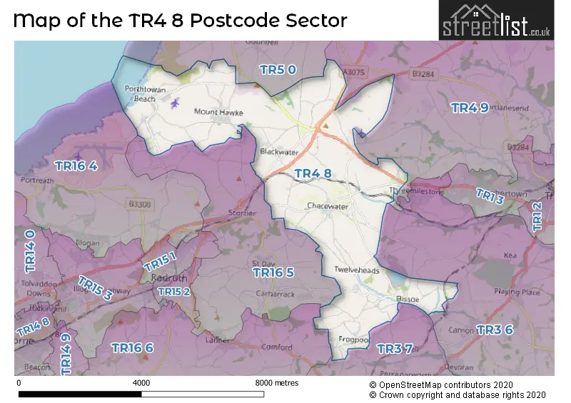 Map of the TR4 8 and surrounding postcode sector