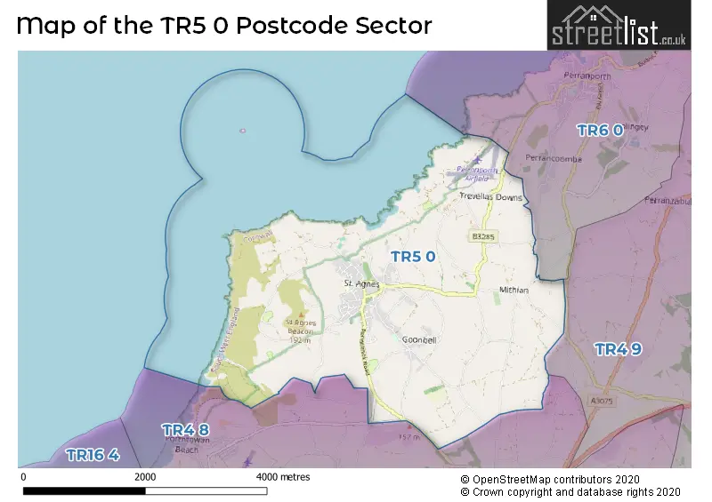 Map of the TR5 0 and surrounding postcode sector