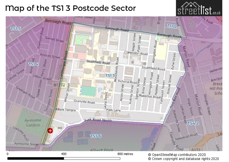 Map of the TS1 3 and surrounding postcode sector