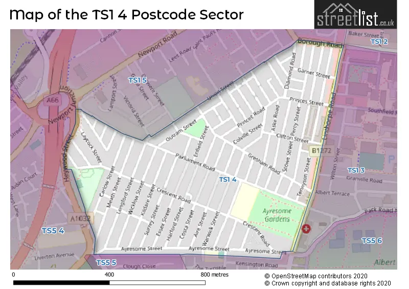 Map of the TS1 4 and surrounding postcode sector