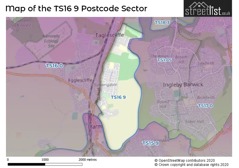 Map of the TS16 9 and surrounding postcode sector