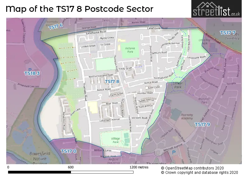 Map of the TS17 8 and surrounding postcode sector