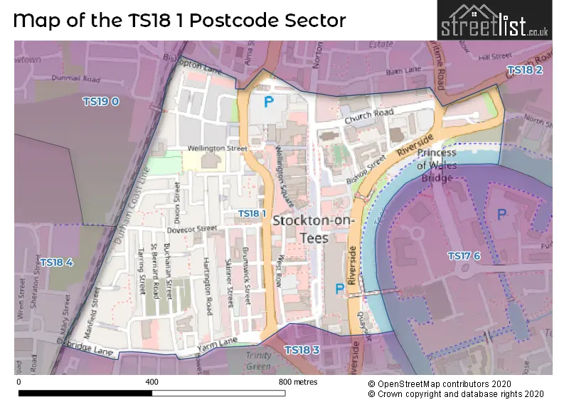 Map of the TS18 1 and surrounding postcode sector