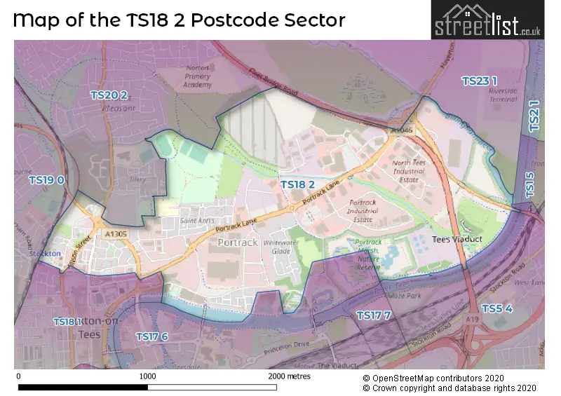 Map of the TS18 2 and surrounding postcode sector