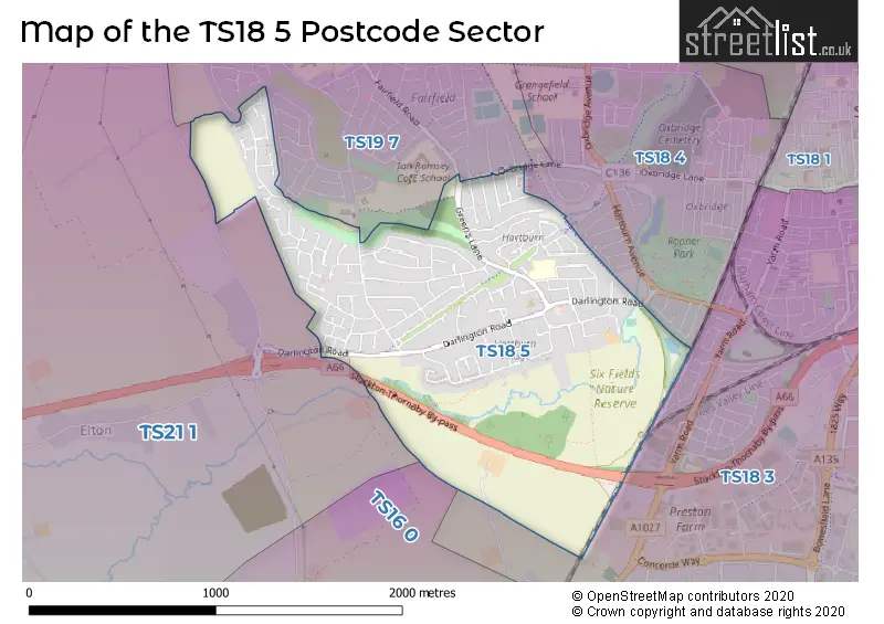 Map of the TS18 5 and surrounding postcode sector