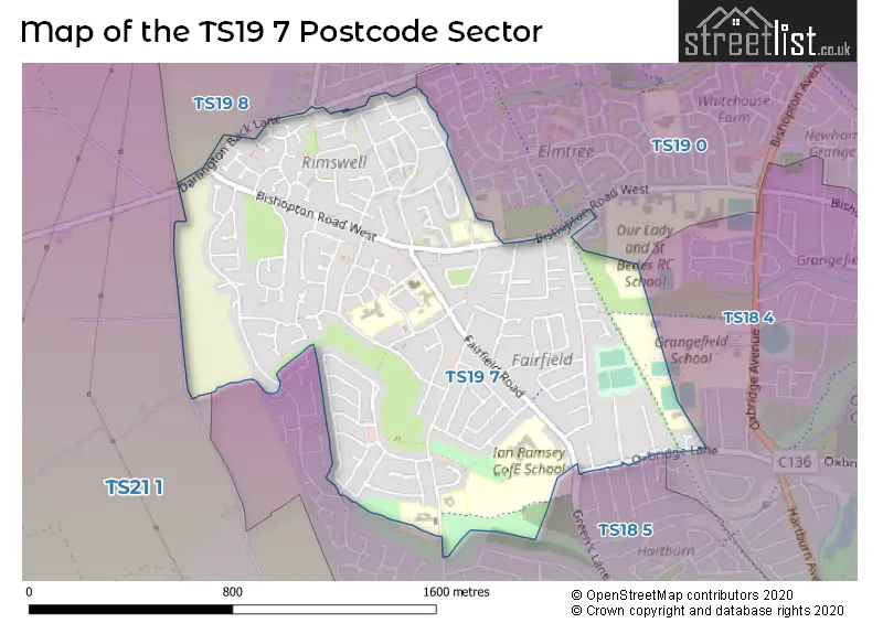 Map of the TS19 7 and surrounding postcode sector