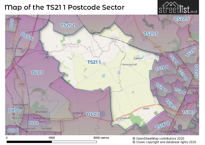 Map of the TS21 1 and surrounding postcode sector