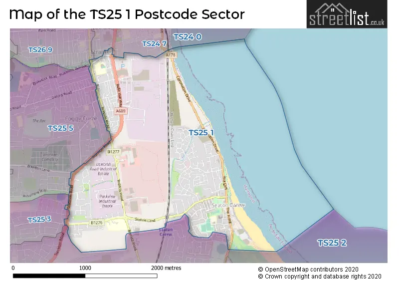 Map of the TS25 1 and surrounding postcode sector