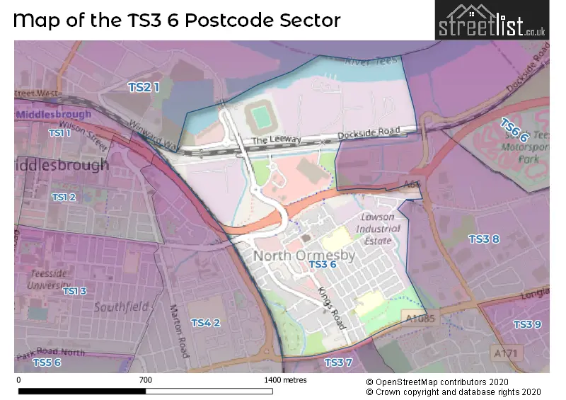 Map of the TS3 6 and surrounding postcode sector
