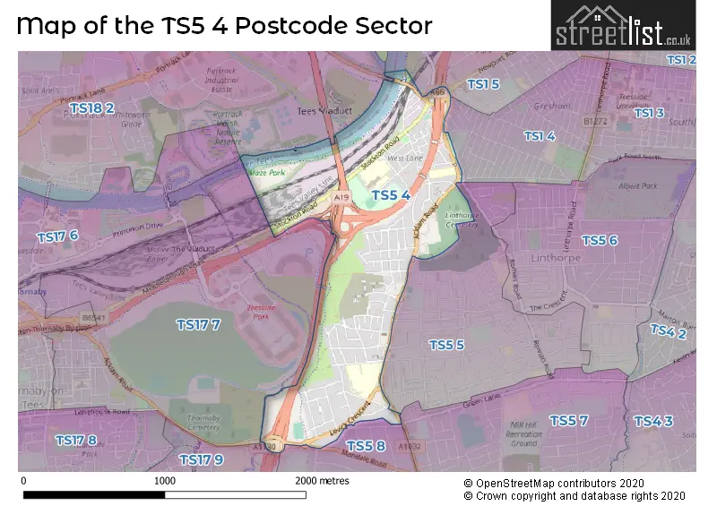 Map of the TS5 4 and surrounding postcode sector