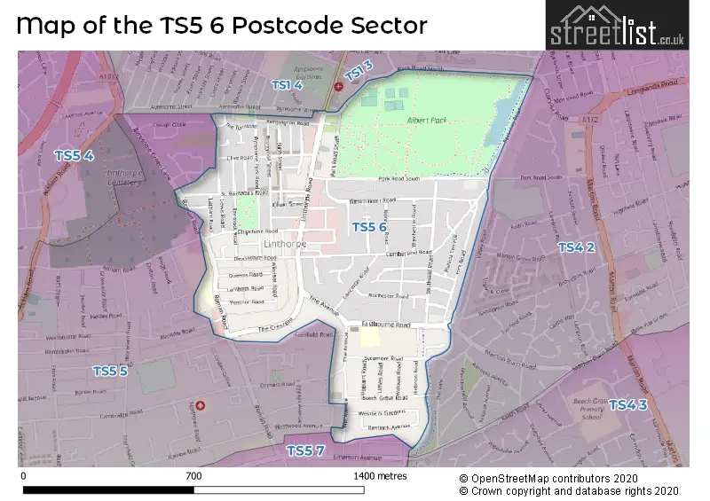 Map of the TS5 6 and surrounding postcode sector