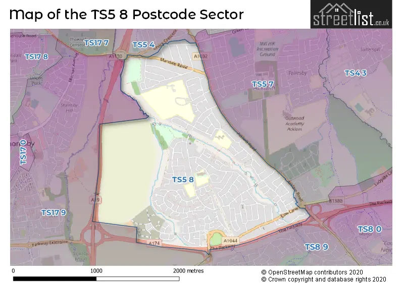 Map of the TS5 8 and surrounding postcode sector