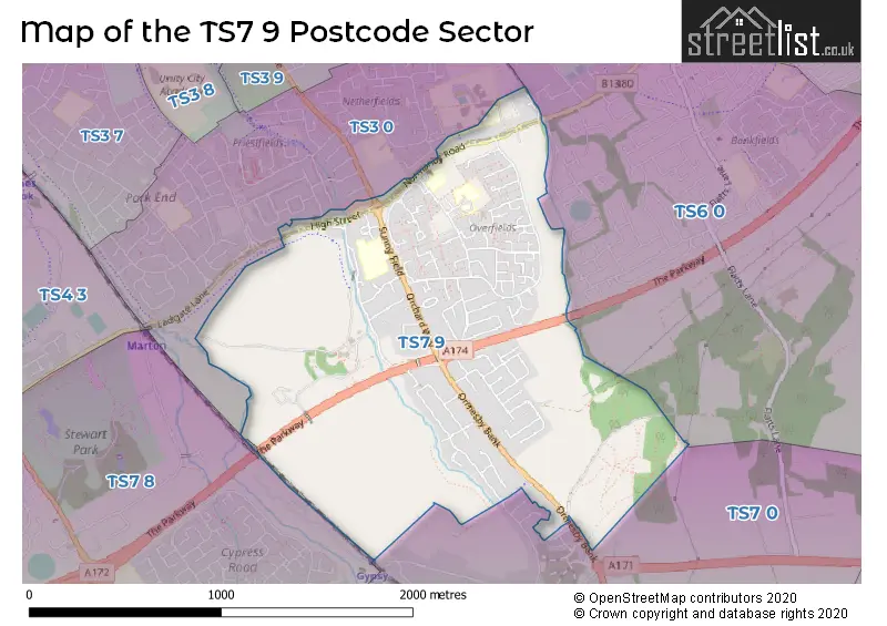 Map of the TS7 9 and surrounding postcode sector