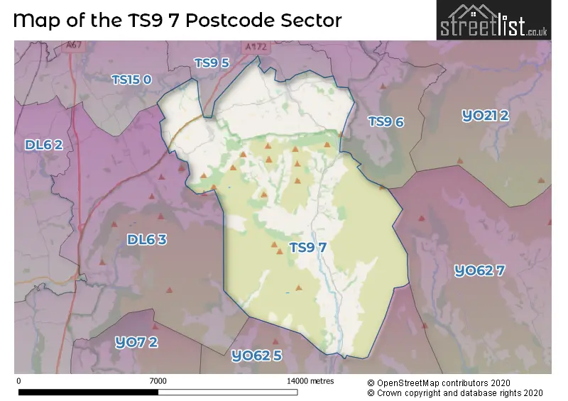 Map of the TS9 7 and surrounding postcode sector