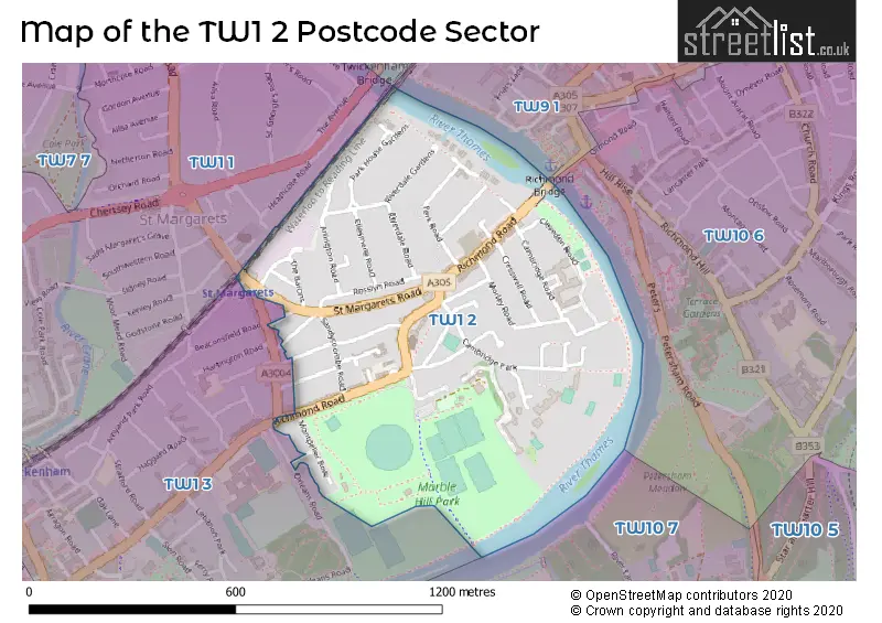 Map of the TW1 2 and surrounding postcode sector