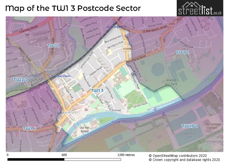 Map of the TW1 3 and surrounding postcode sector