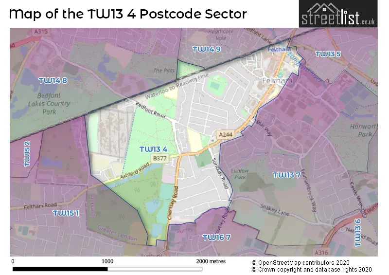 Map of the TW13 4 and surrounding postcode sector